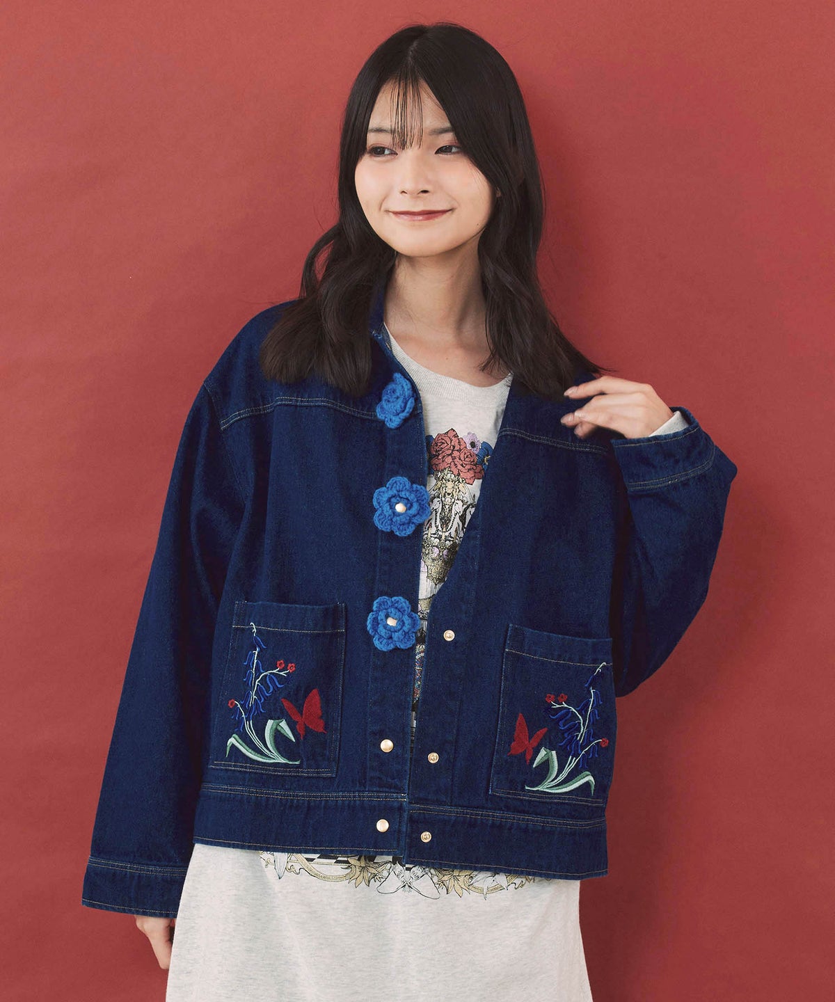 お花ニットボタン 花柄刺繍デニムシャツ-2