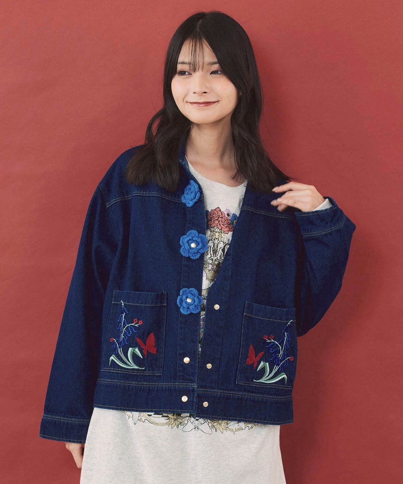 お花ニットボタン 花柄刺繍デニムシャツ-2