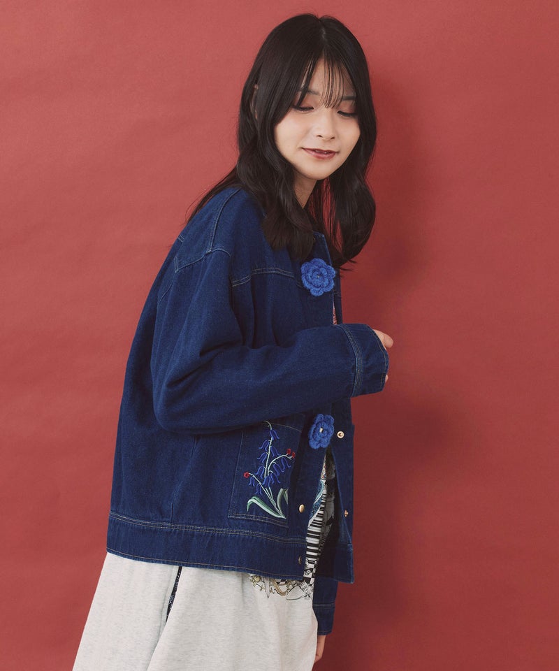 お花ニットボタン 花柄刺繍デニムシャツ-4