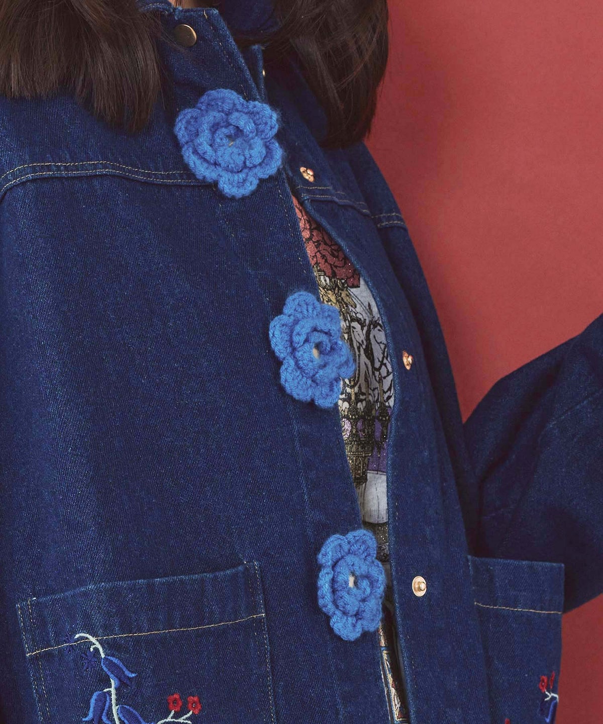 お花ニットボタン 花柄刺繍デニムシャツ-7