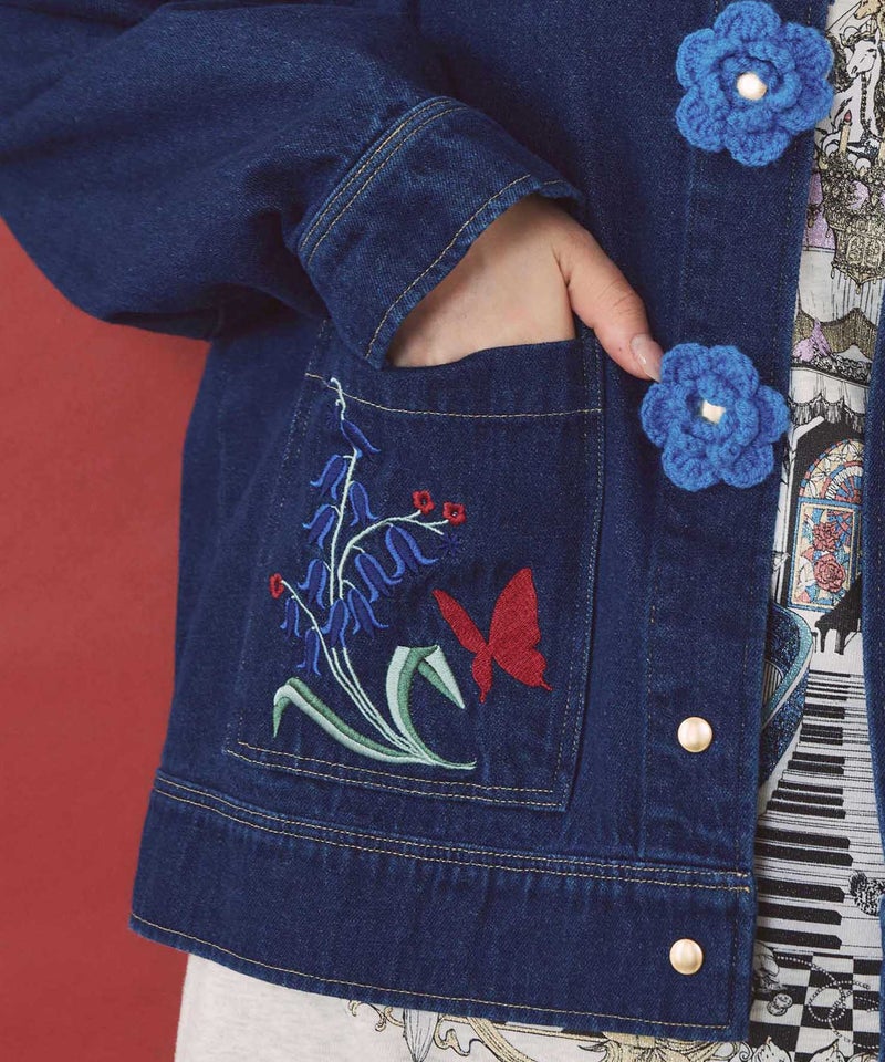 お花ニットボタン 花柄刺繍デニムシャツ-8