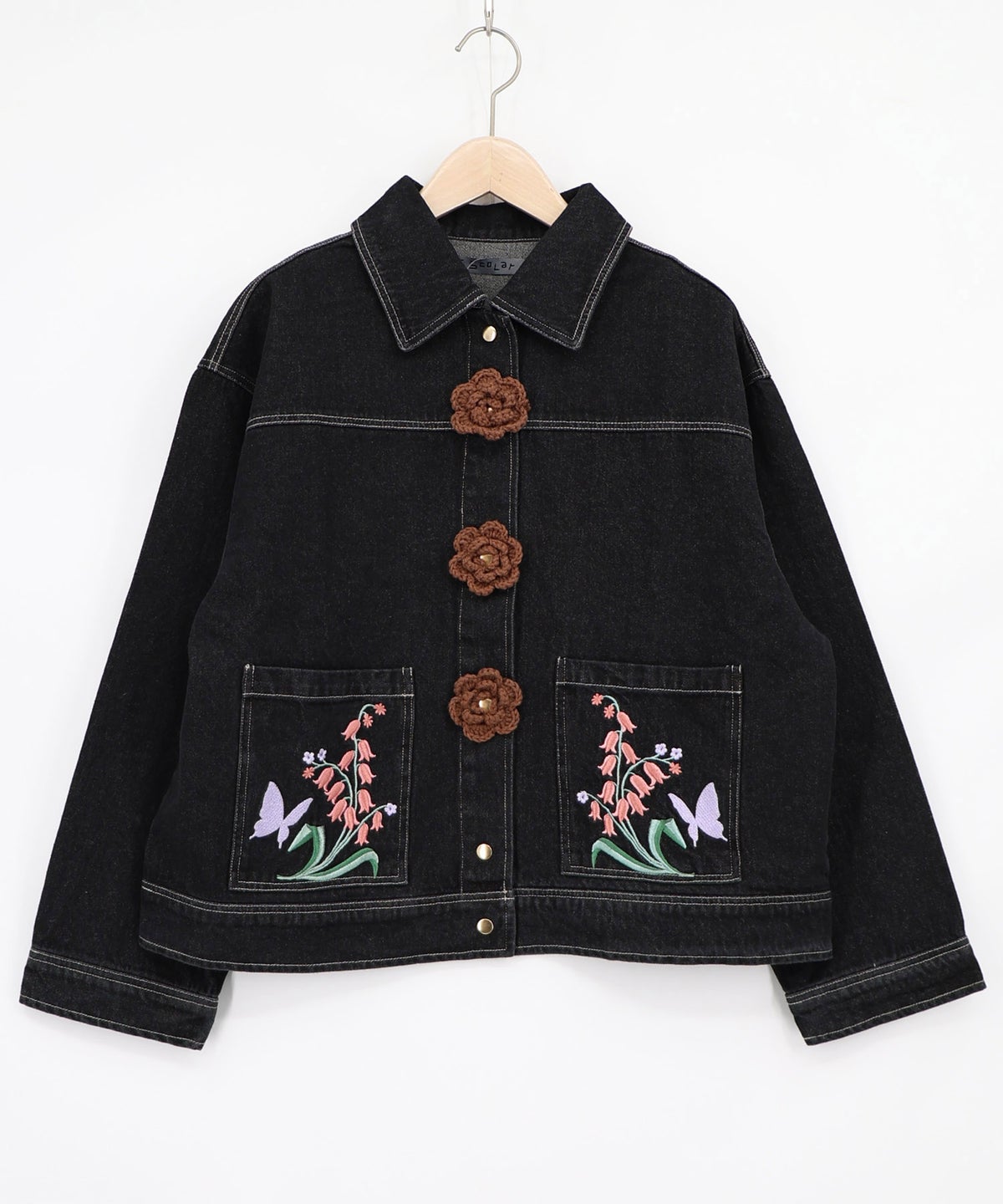 お花ニットボタン 花柄刺繍デニムシャツ-9