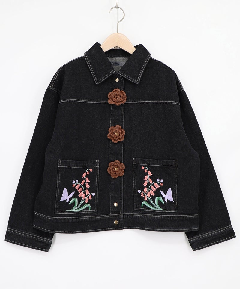お花ニットボタン 花柄刺繍デニムシャツ-9