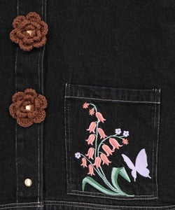 お花ニットボタン 花柄刺繍デニムシャツ-11