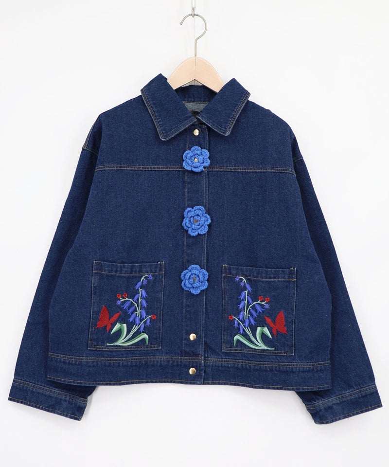 お花ニットボタン 花柄刺繍デニムシャツ-12