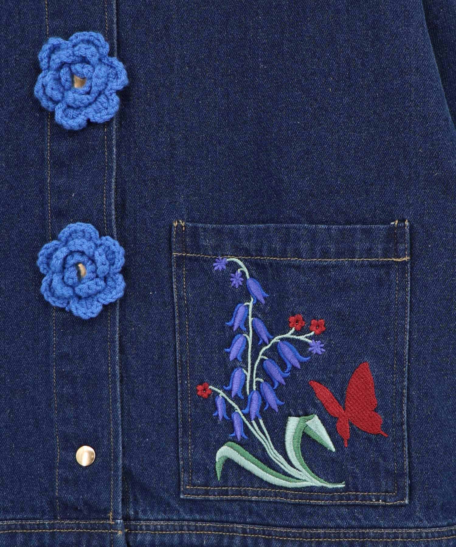 563236：お花ニットボタン 花柄刺繍デニムシャツの通販-ScoLar