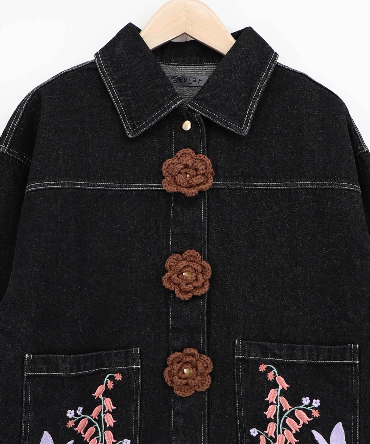 お花ニットボタン 花柄刺繍デニムシャツ-15