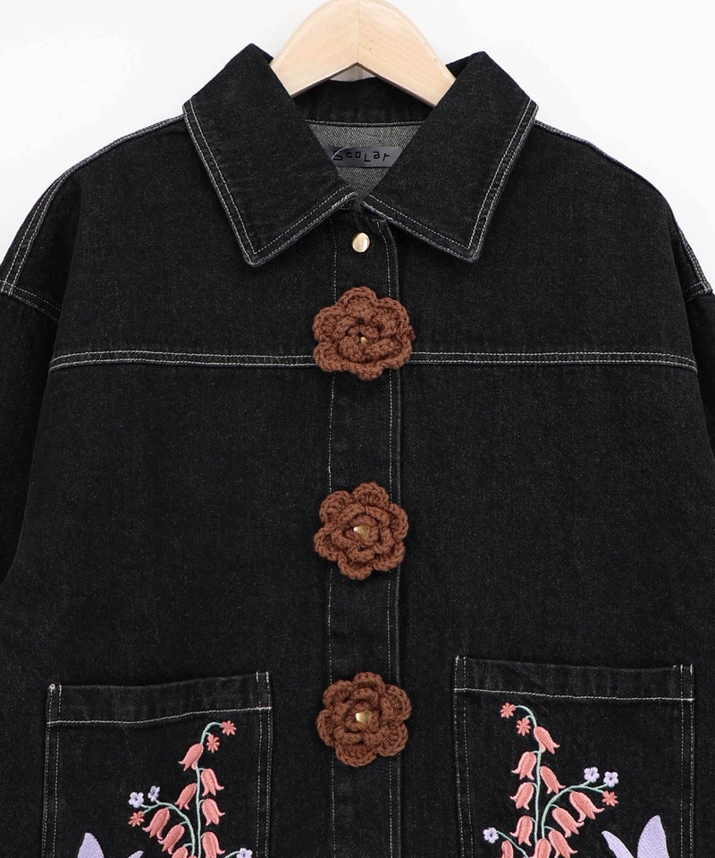 お花ニットボタン 花柄刺繍デニムシャツ-15