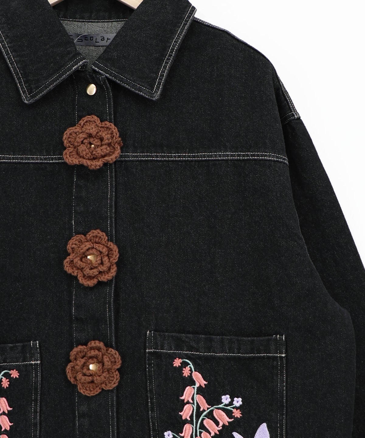 お花ニットボタン 花柄刺繍デニムシャツ-16