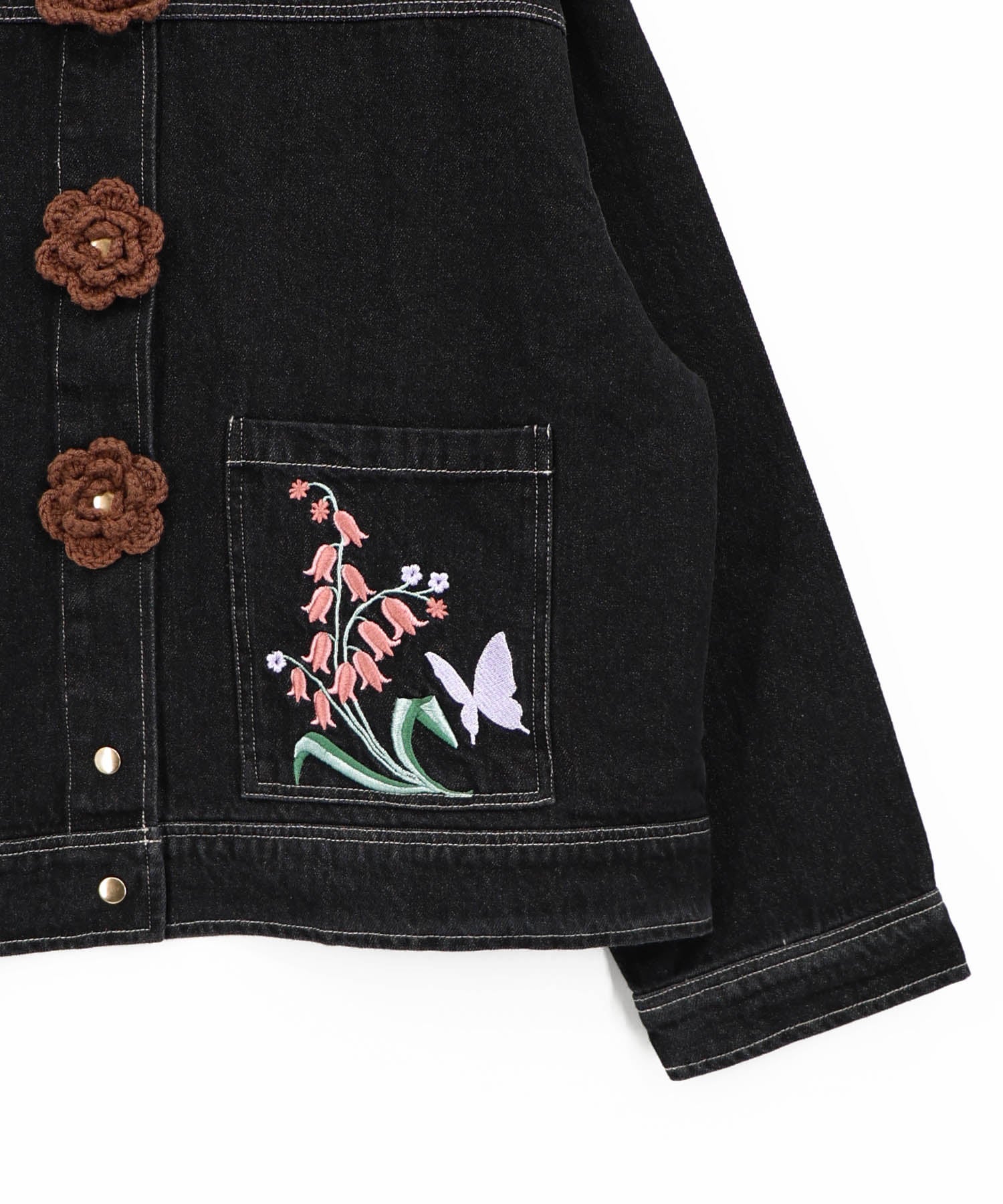563236：お花ニットボタン 花柄刺繍デニムシャツの通販-ScoLar