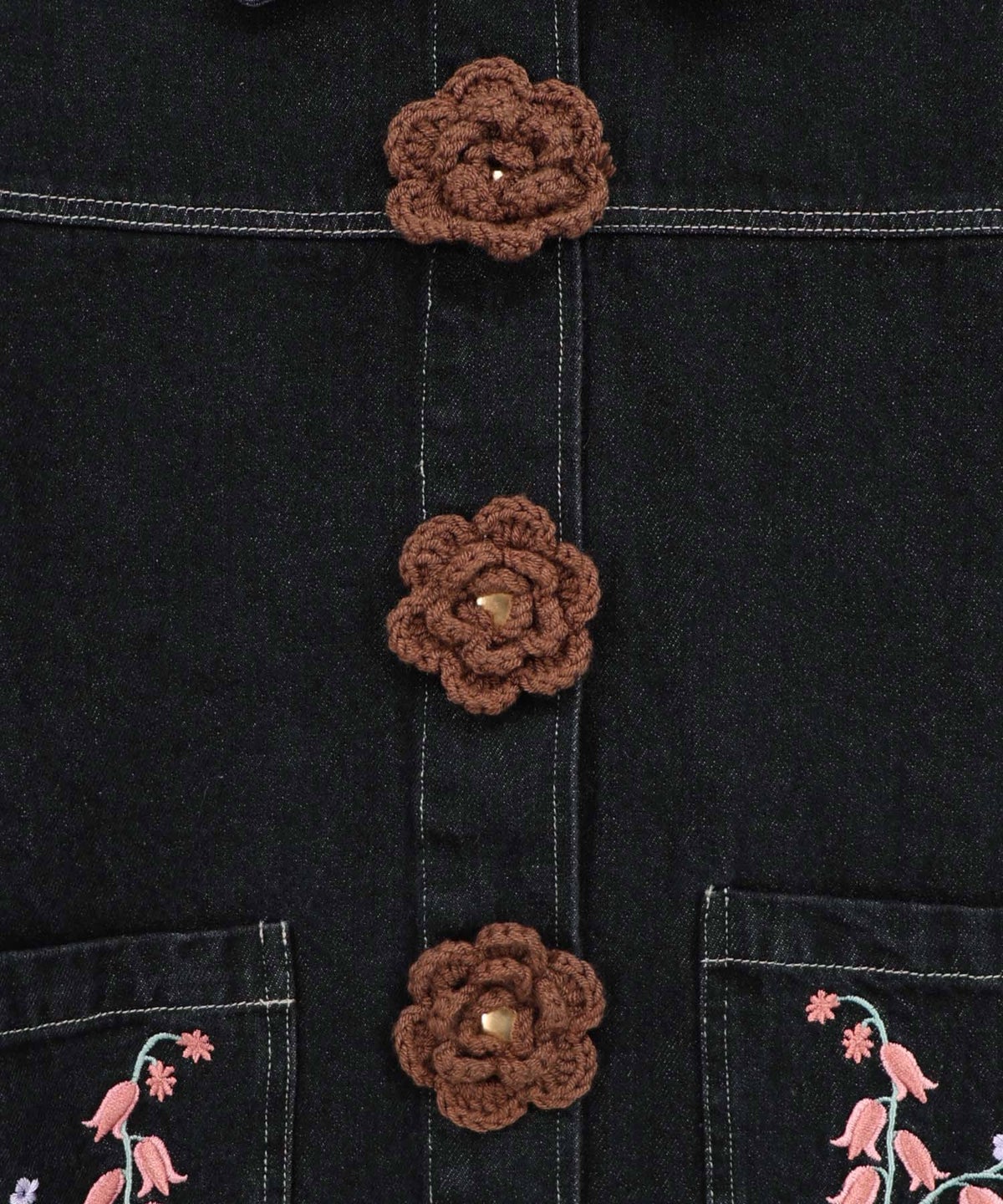 お花ニットボタン 花柄刺繍デニムシャツ-19