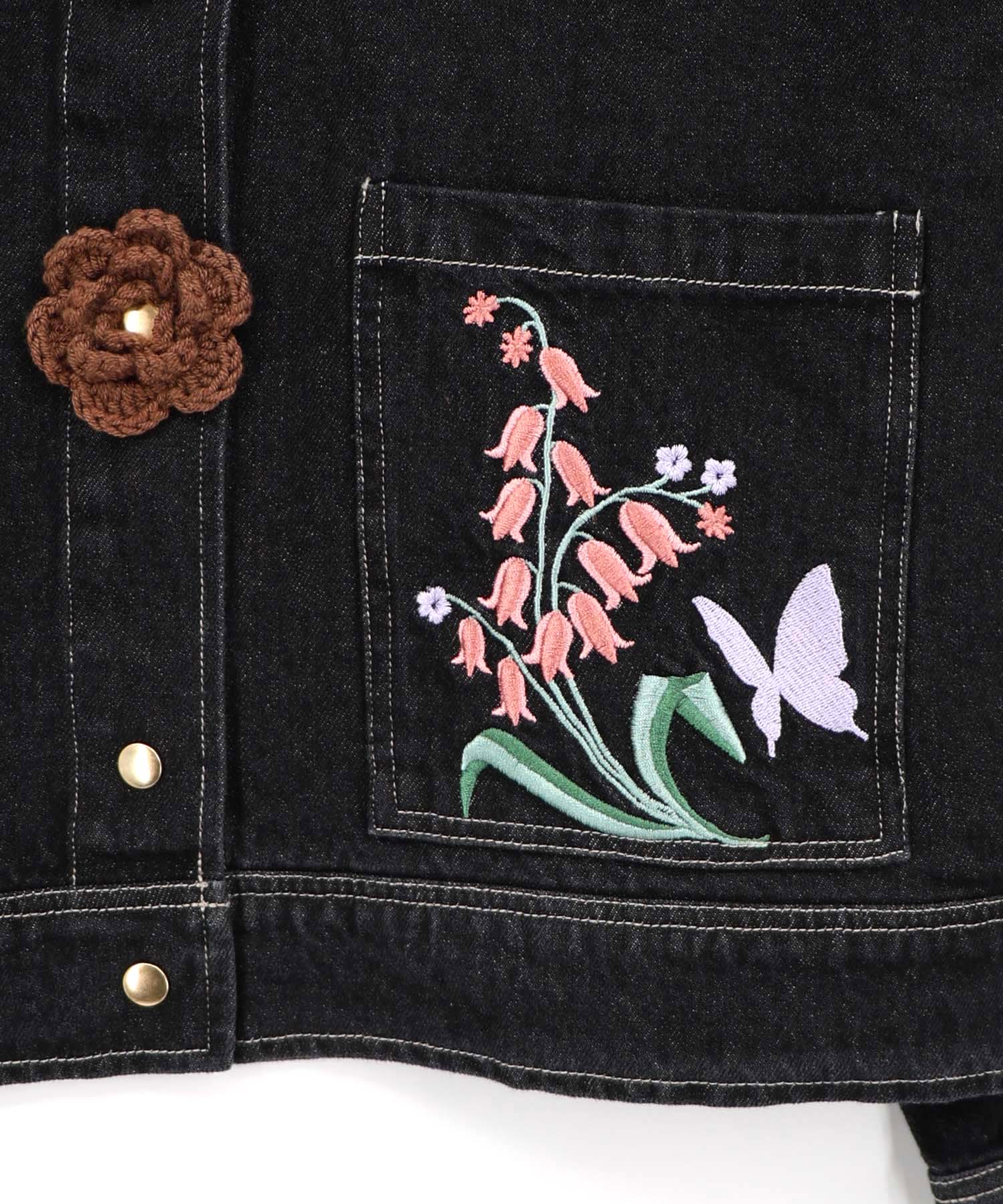 563236：お花ニットボタン 花柄刺繍デニムシャツの通販-ScoLar