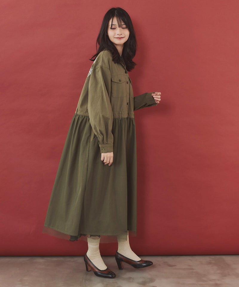 デニムorツイル チュール重ね刺繍シャツワンピース-4