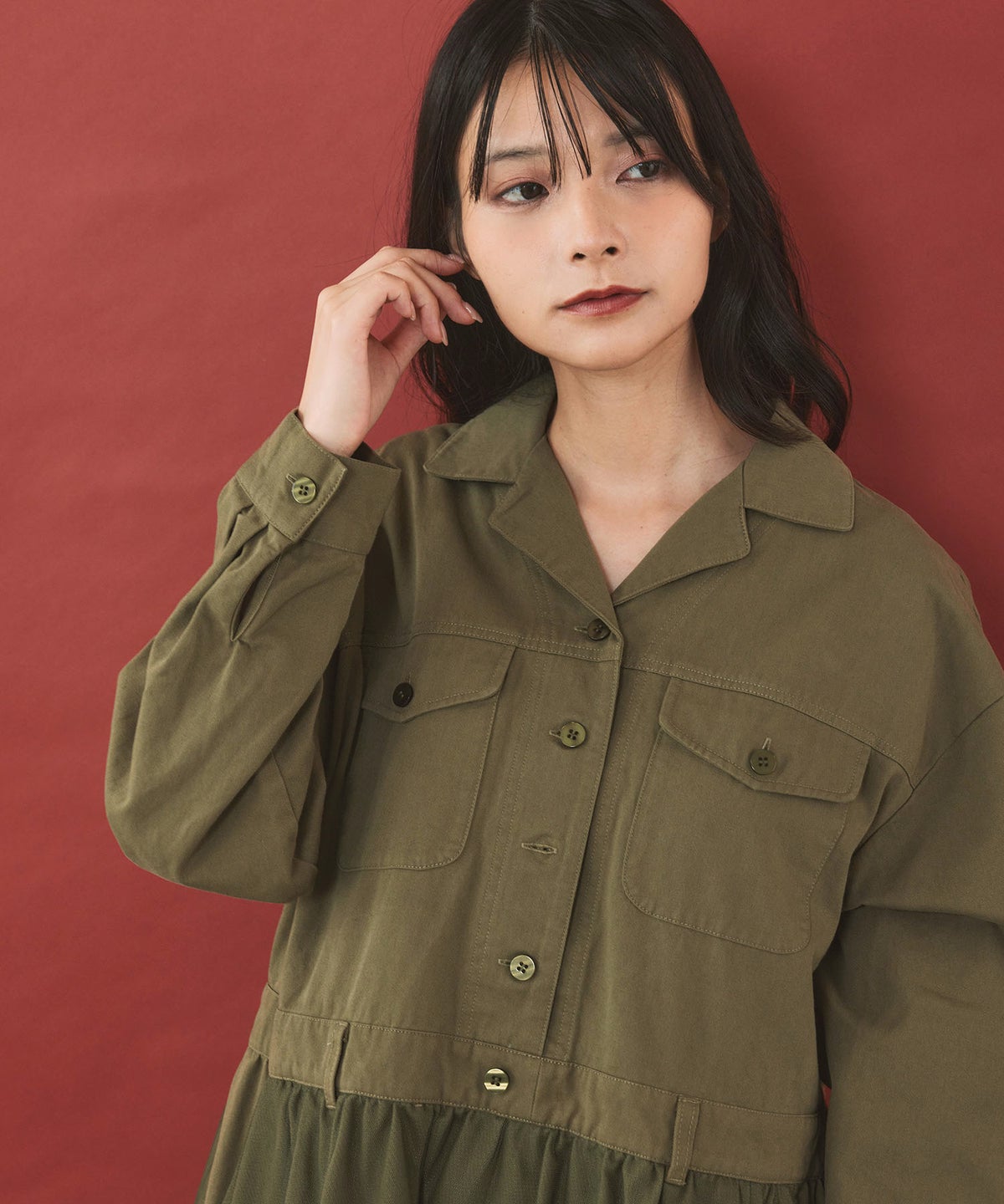 デニムorツイル チュール重ね刺繍シャツワンピース-7