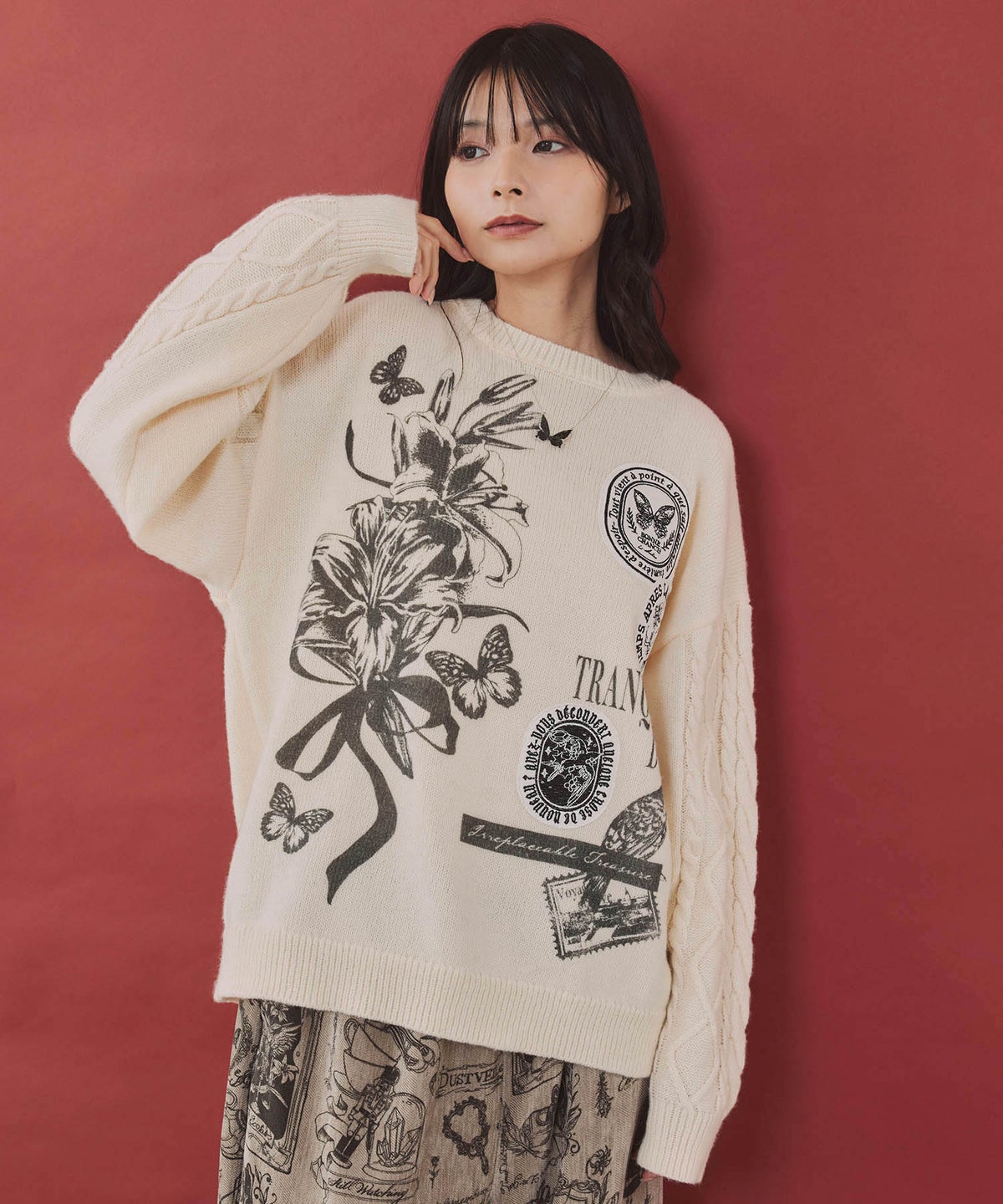 花蝶アップリケ刺繍 ニットプルオーバー-3