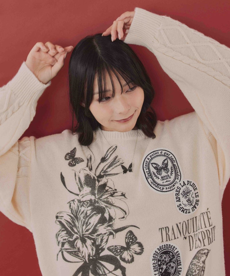 花蝶アップリケ刺繍 ニットプルオーバー-7