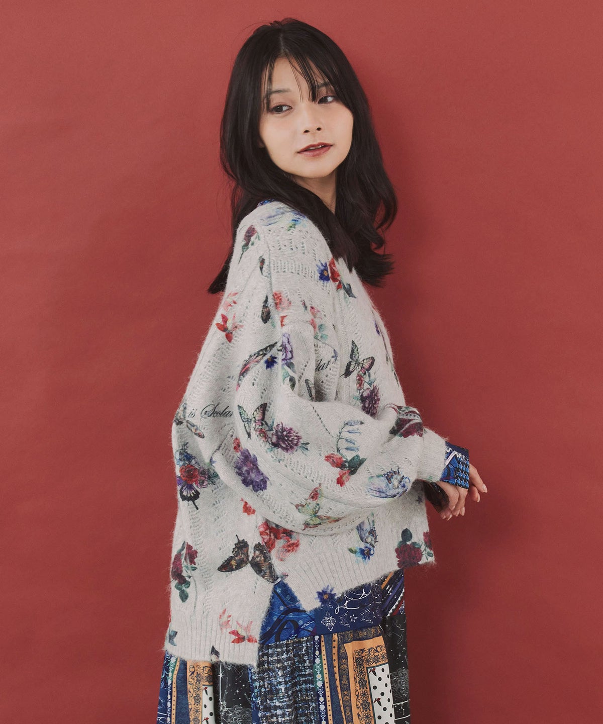花蝶柄透かし編みニットプルオーバー-4
